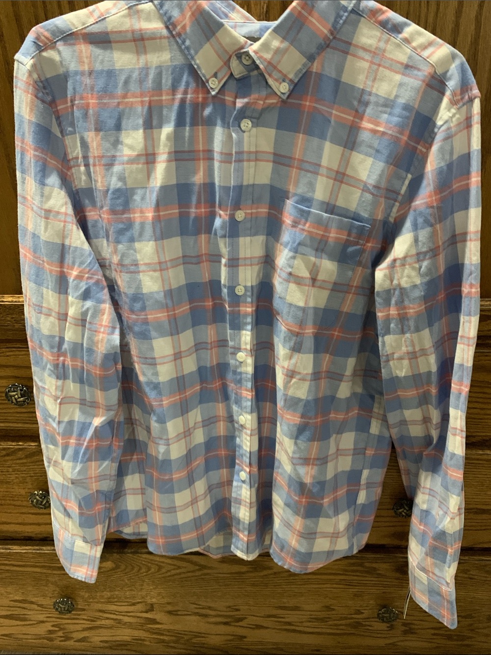 Falls Creek Men’s Light Blue, White and Pink Plaid Button-Down Shirt